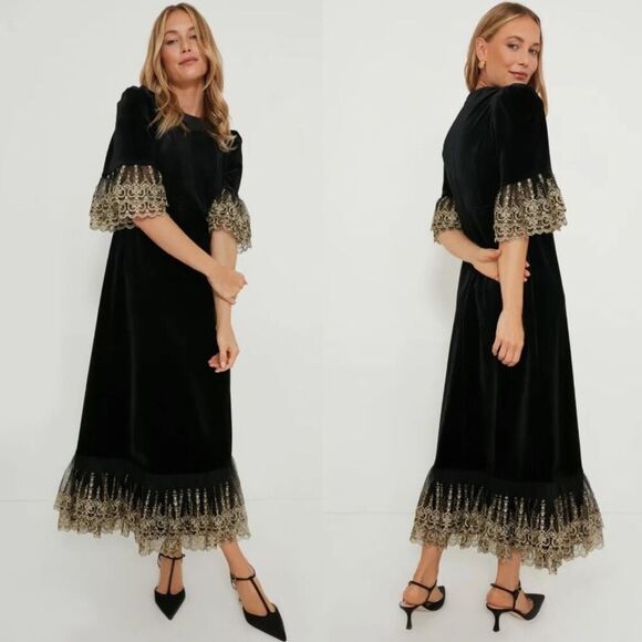 NEW Tuckernuck Pomander Place Black Velvet Lillith Gold Embroidered Dress XL - Picture 1 of 8
